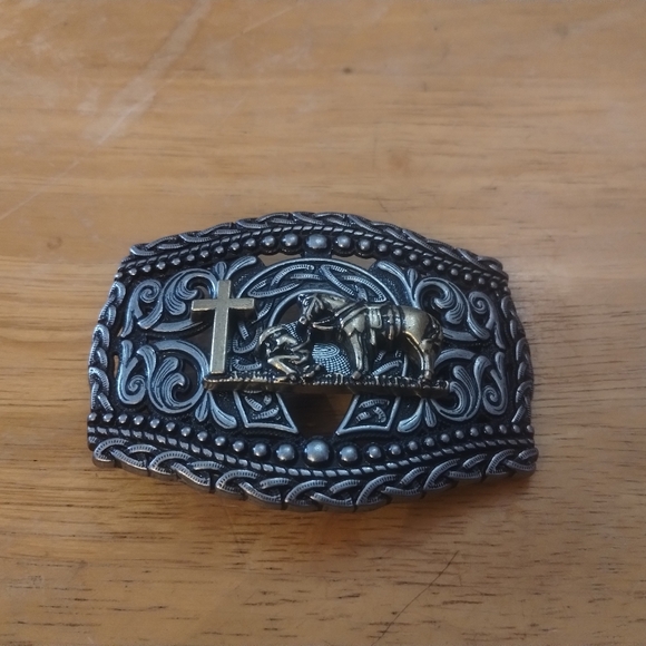 New Western Cowboy Cross Horse Belt Buckle Silver Gold Tone Rodeo Cowgirl - Picture 2 of 3